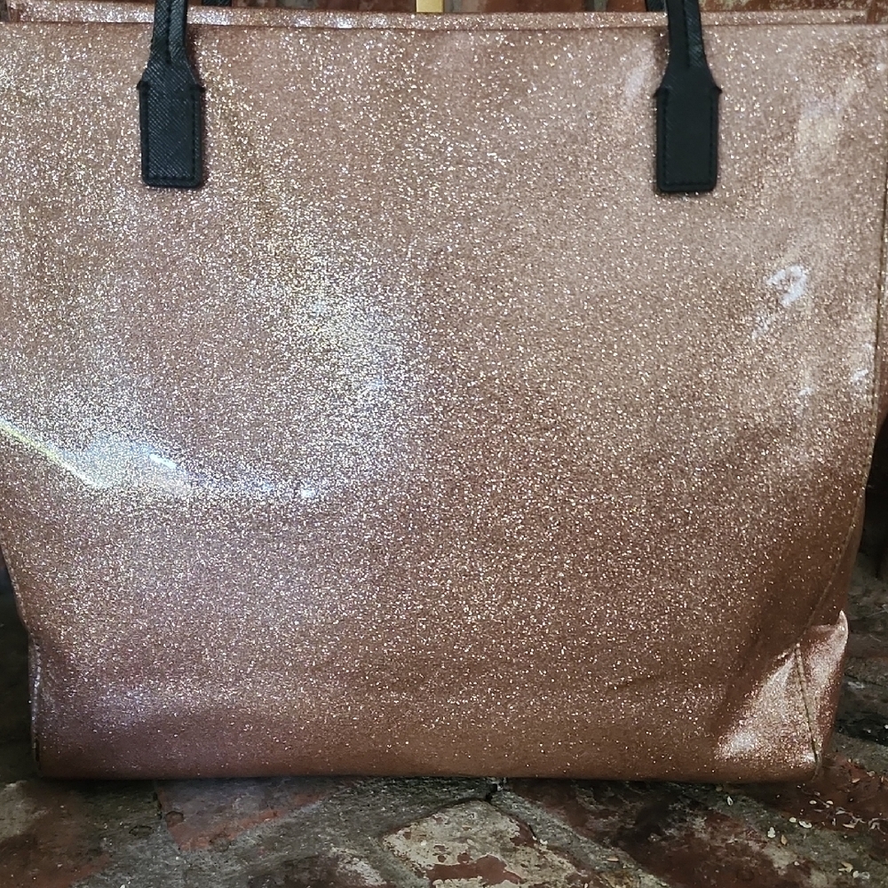 Kate Spade Rose Gold Glitter Tote Bow Black Handles Sparkly Shopper Bag - Picture 6 of 16